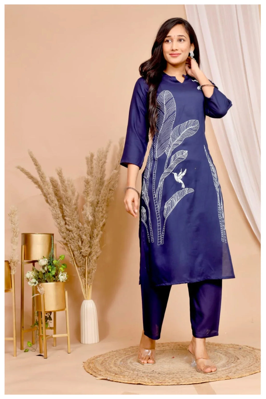 Navy Blue Rayon Kurta Pant Co-Ord Set with Bird & Leaf Print