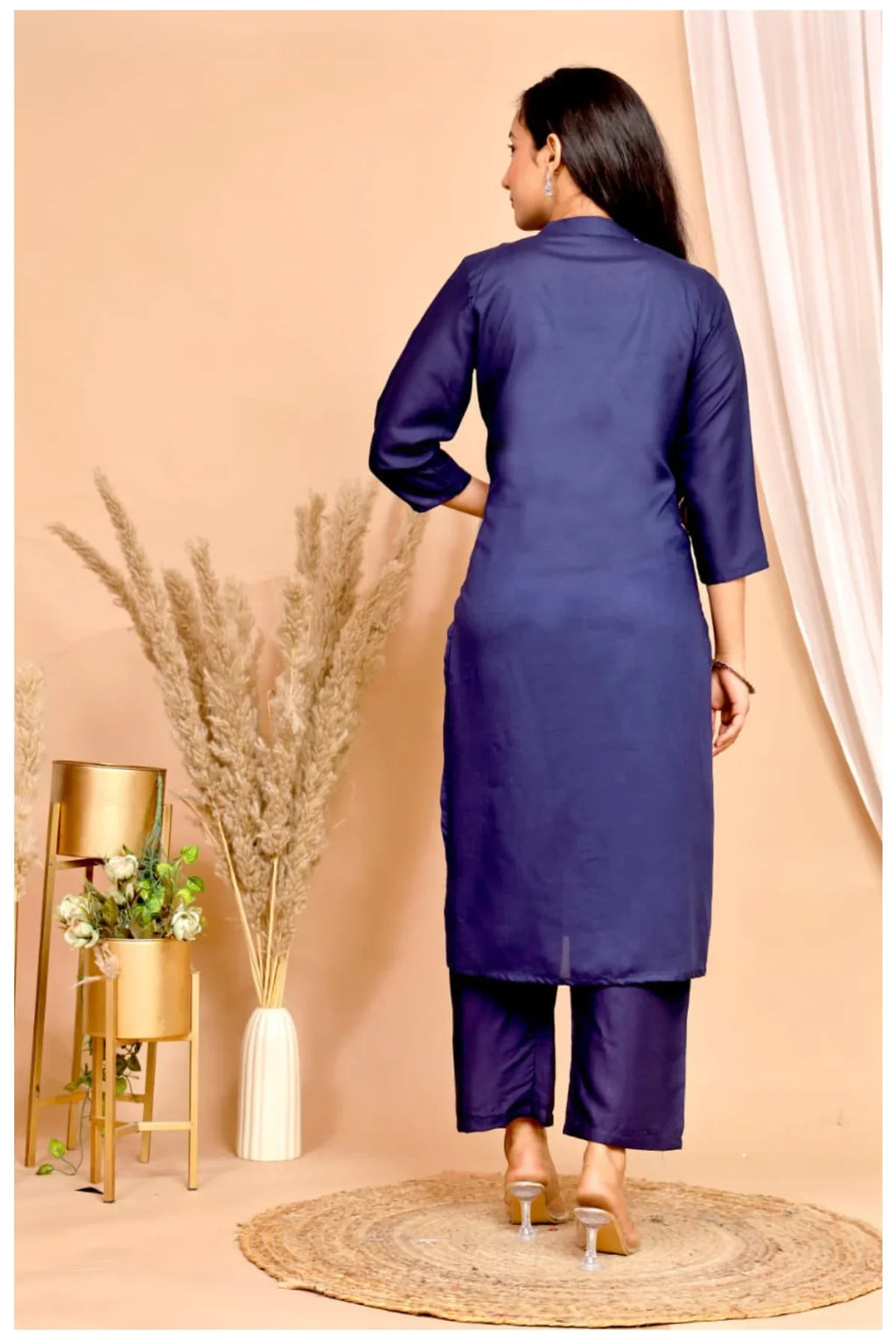 Navy Blue Rayon Kurta Pant Co-Ord Set with Bird & Leaf Print