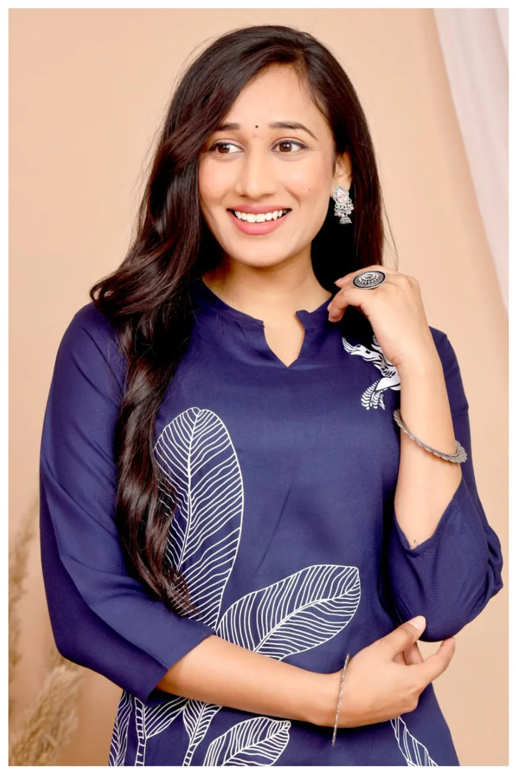 Navy Blue Rayon Kurta Pant Co-Ord Set with Bird & Leaf Print