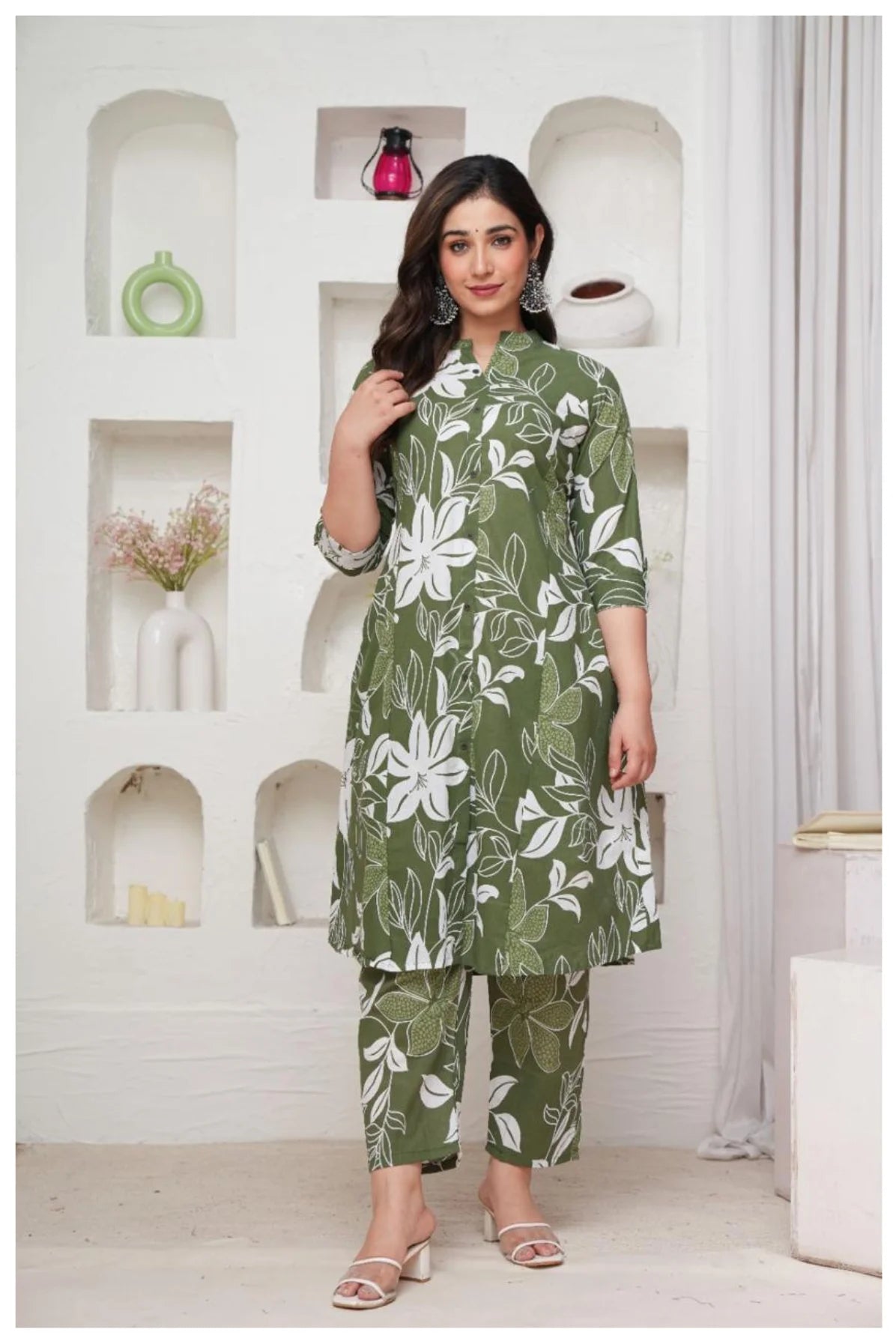 Olive Green Floral Printed Kurti Pant Co-Ord Set for Women
