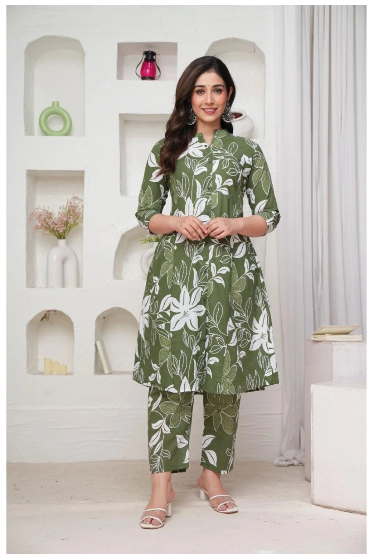Olive Green Floral Printed Kurti Pant Co-Ord Set for Women