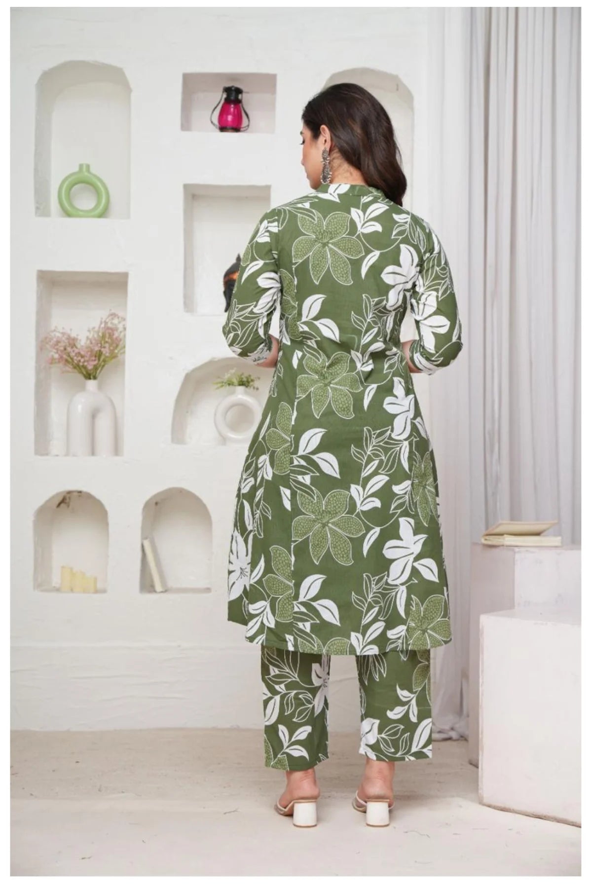 Olive Green Floral Printed Kurti Pant Co-Ord Set for Women