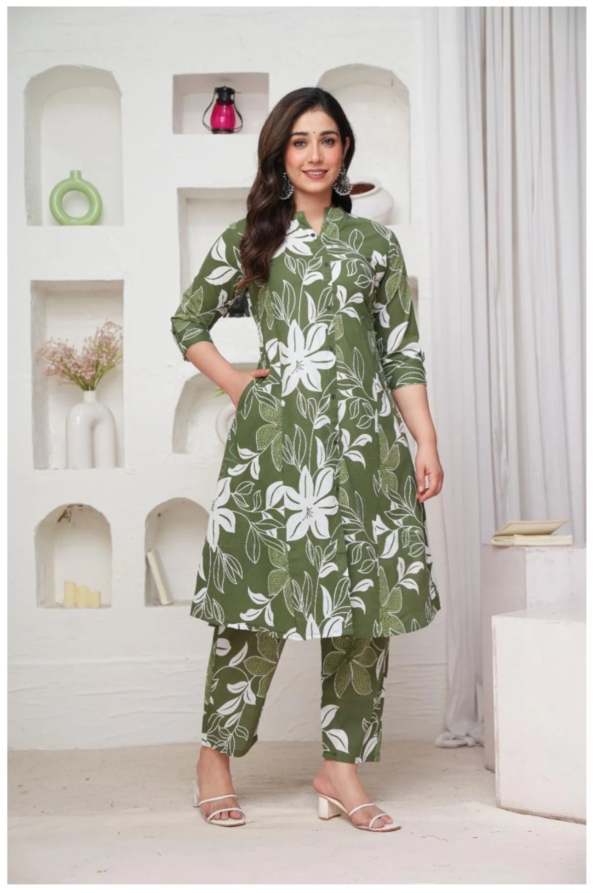Olive Green Floral Printed Kurti Pant Co-Ord Set for Women