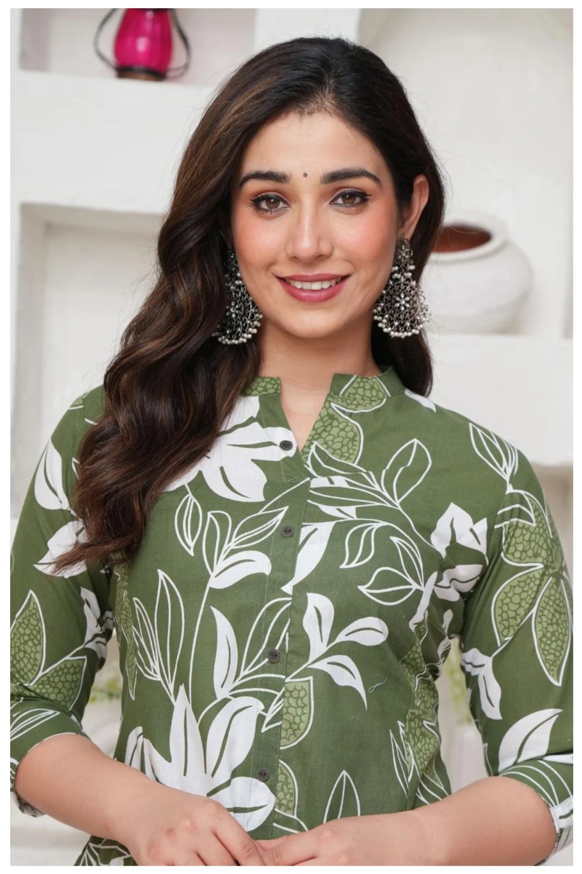 Olive Green Floral Printed Kurti Pant Co-Ord Set for Women