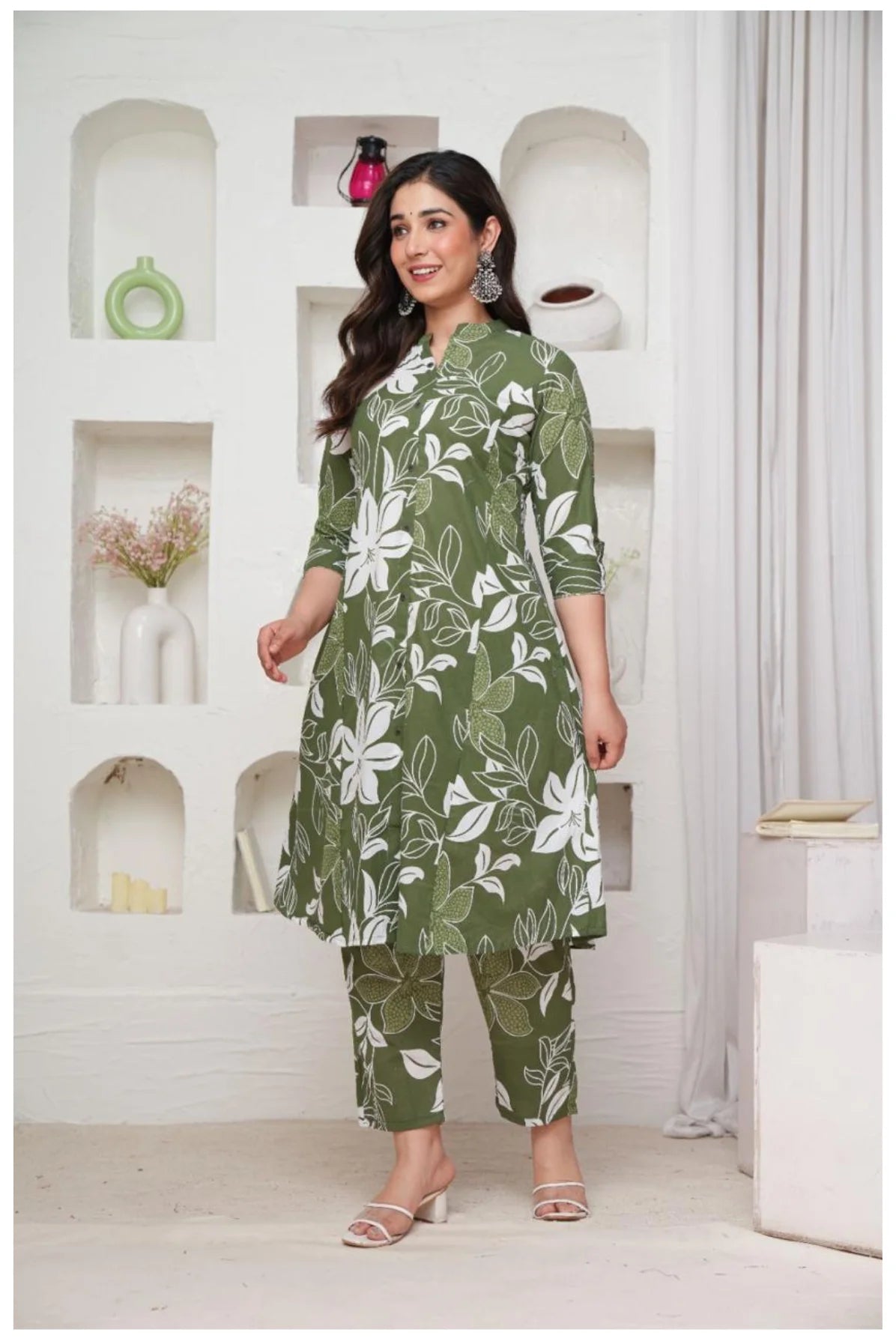 Olive Green Floral Printed Kurti Pant Co-Ord Set for Women