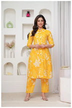 Mustard Yellow Cotton Kurta Pant Co-Ord Set with Floral Appliqué