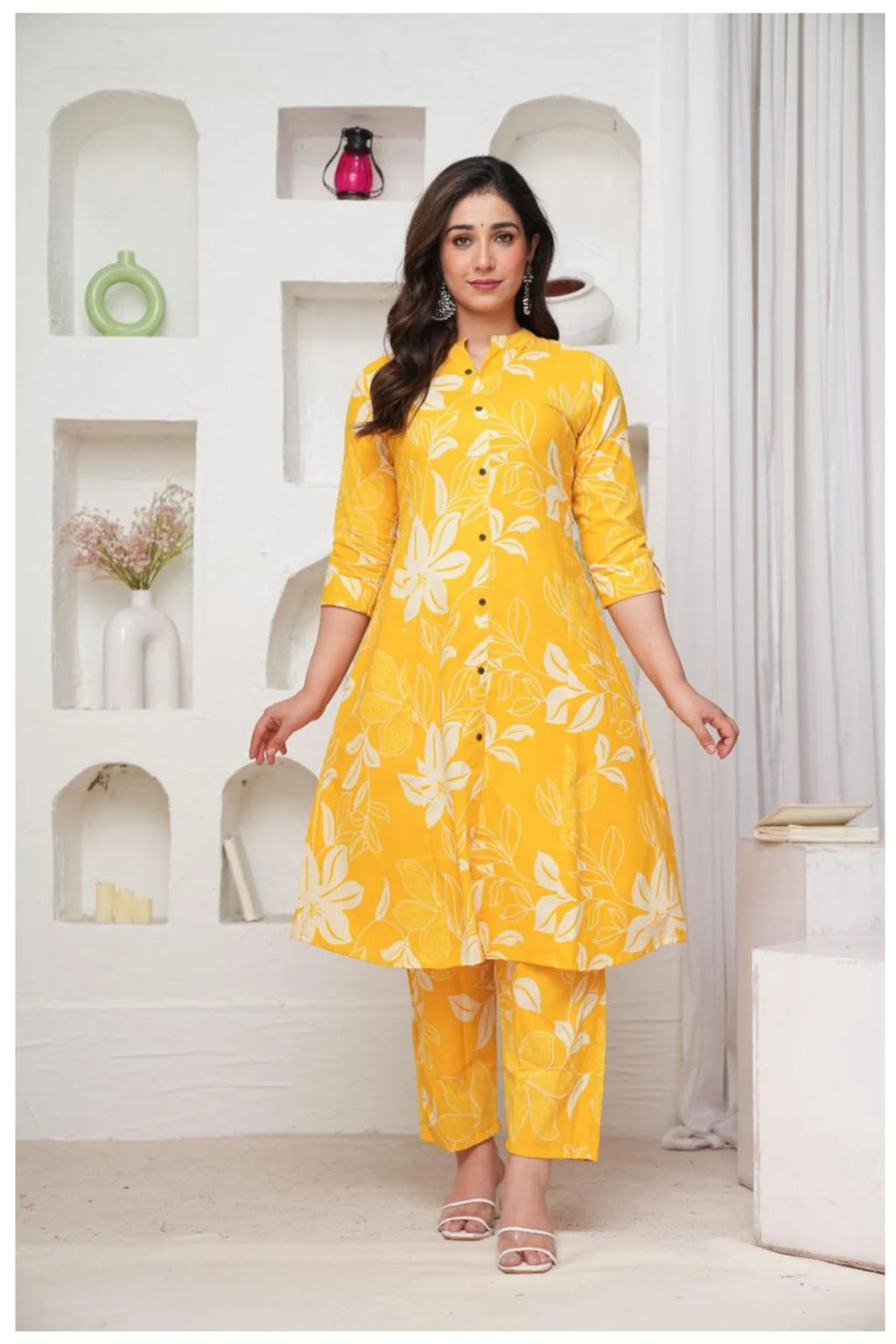 Mustard Yellow Cotton Kurta Pant Co-Ord Set with Floral Appliqué