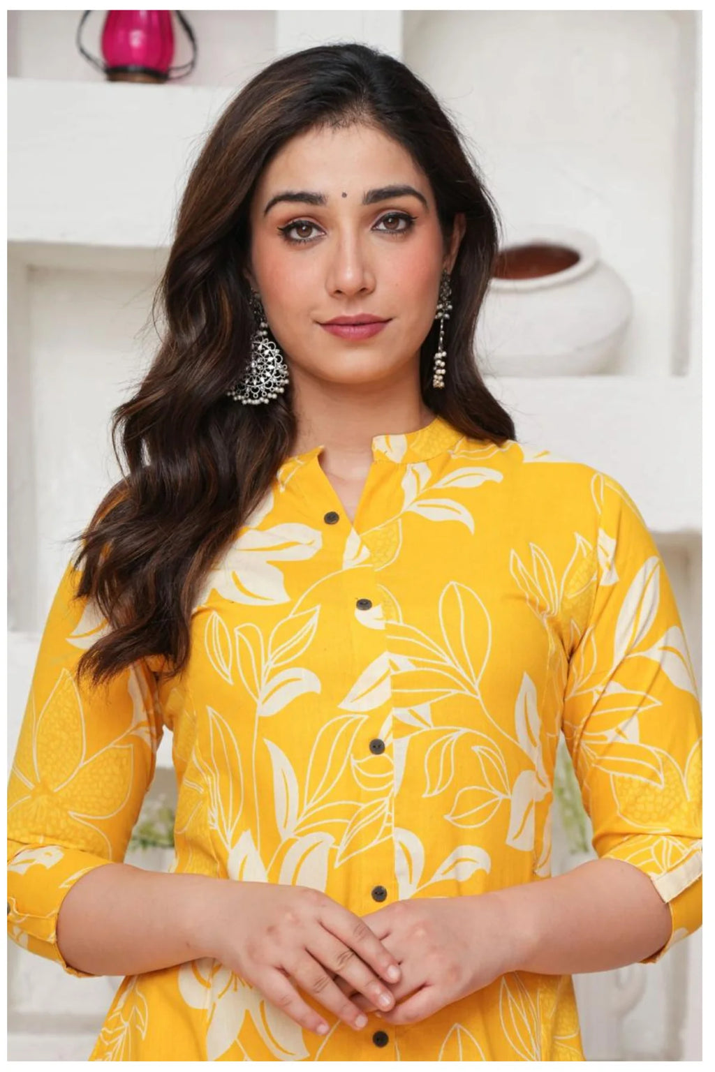 Mustard Yellow Cotton Kurta Pant Co-Ord Set with Floral Appliqué