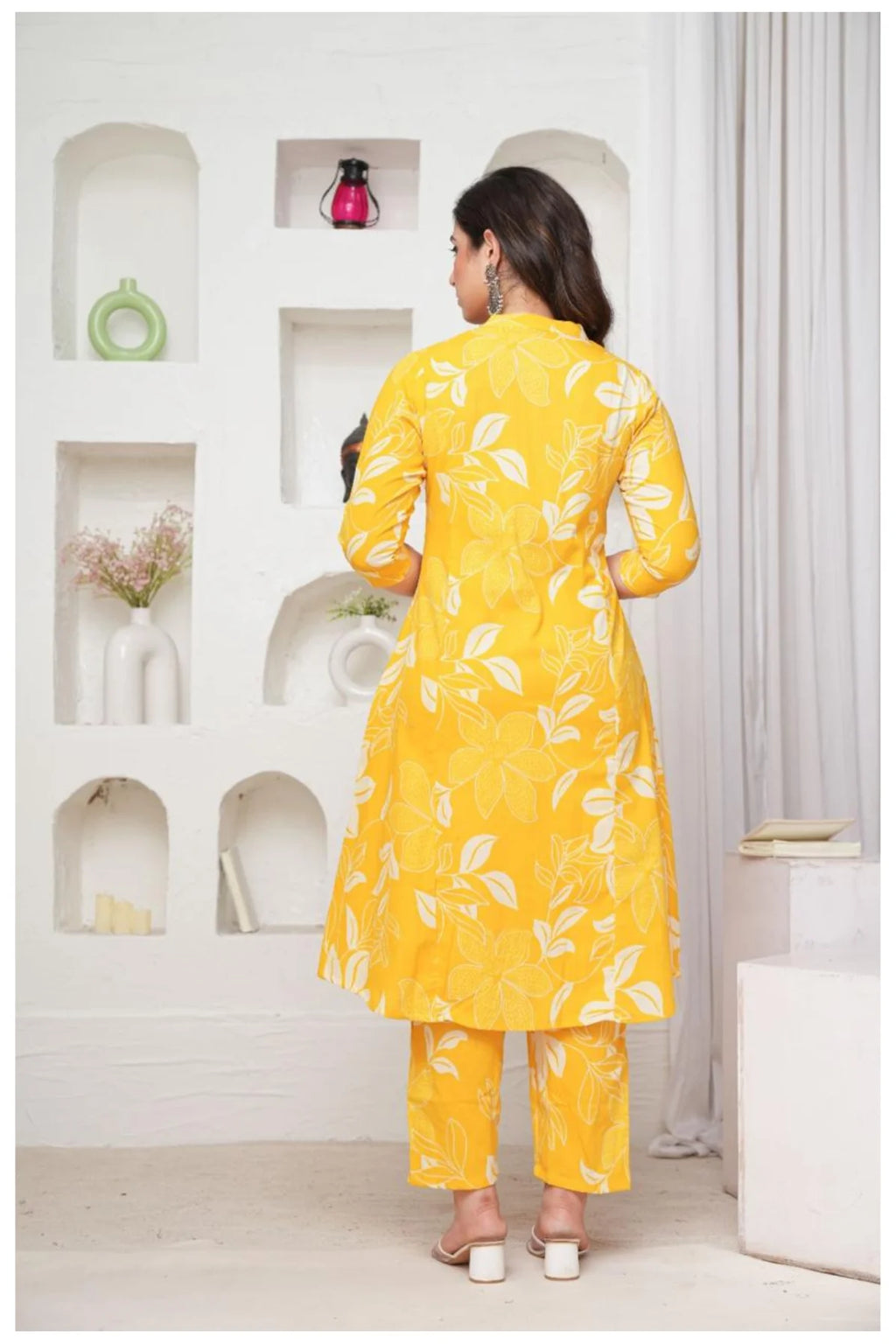 Mustard Yellow Cotton Kurta Pant Co-Ord Set with Floral Appliqué