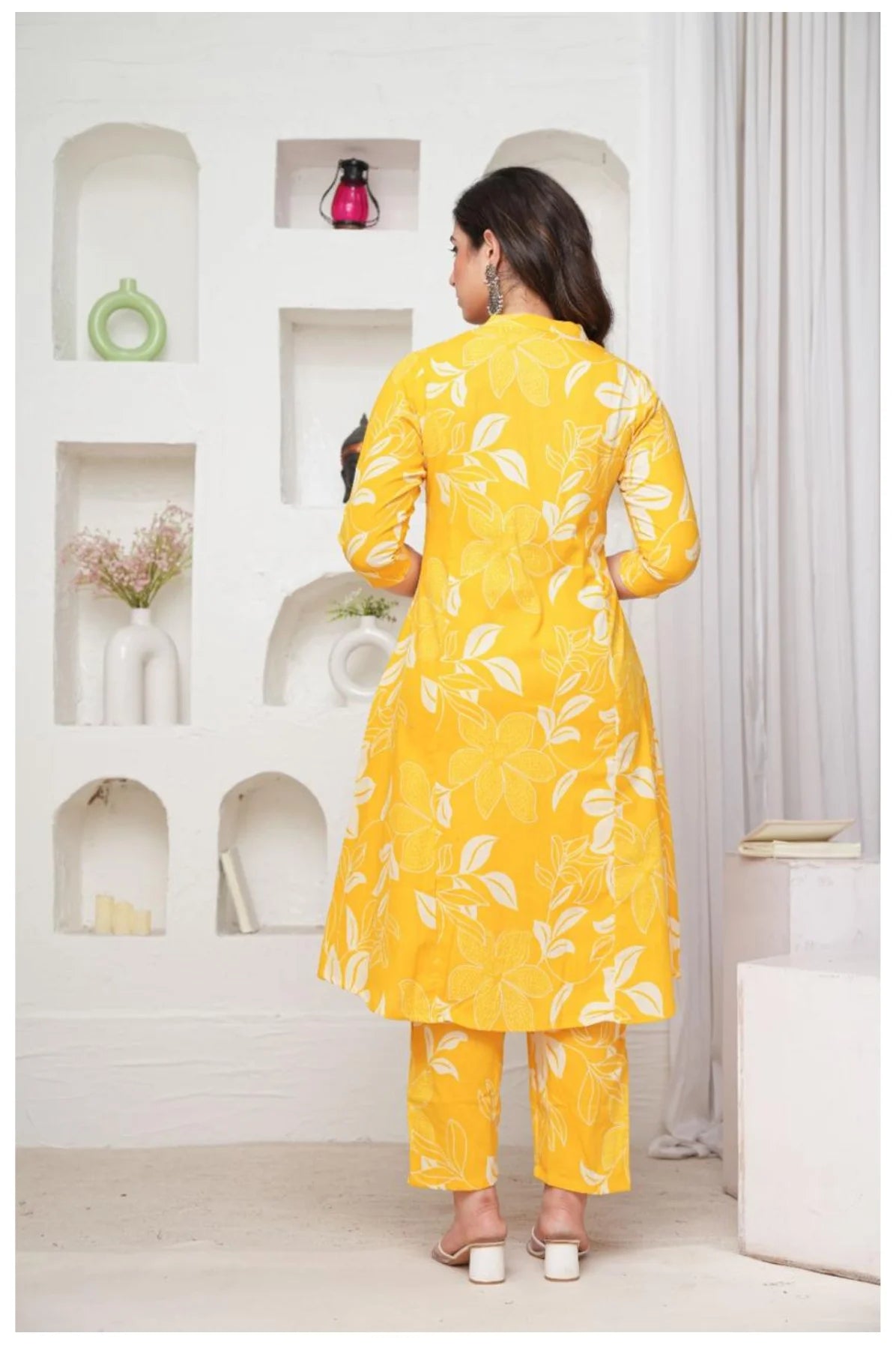 Mustard Yellow Cotton Kurta Pant Co-Ord Set with Floral Appliqué