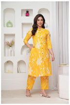 Mustard Yellow Cotton Kurta Pant Co-Ord Set with Floral Appliqué