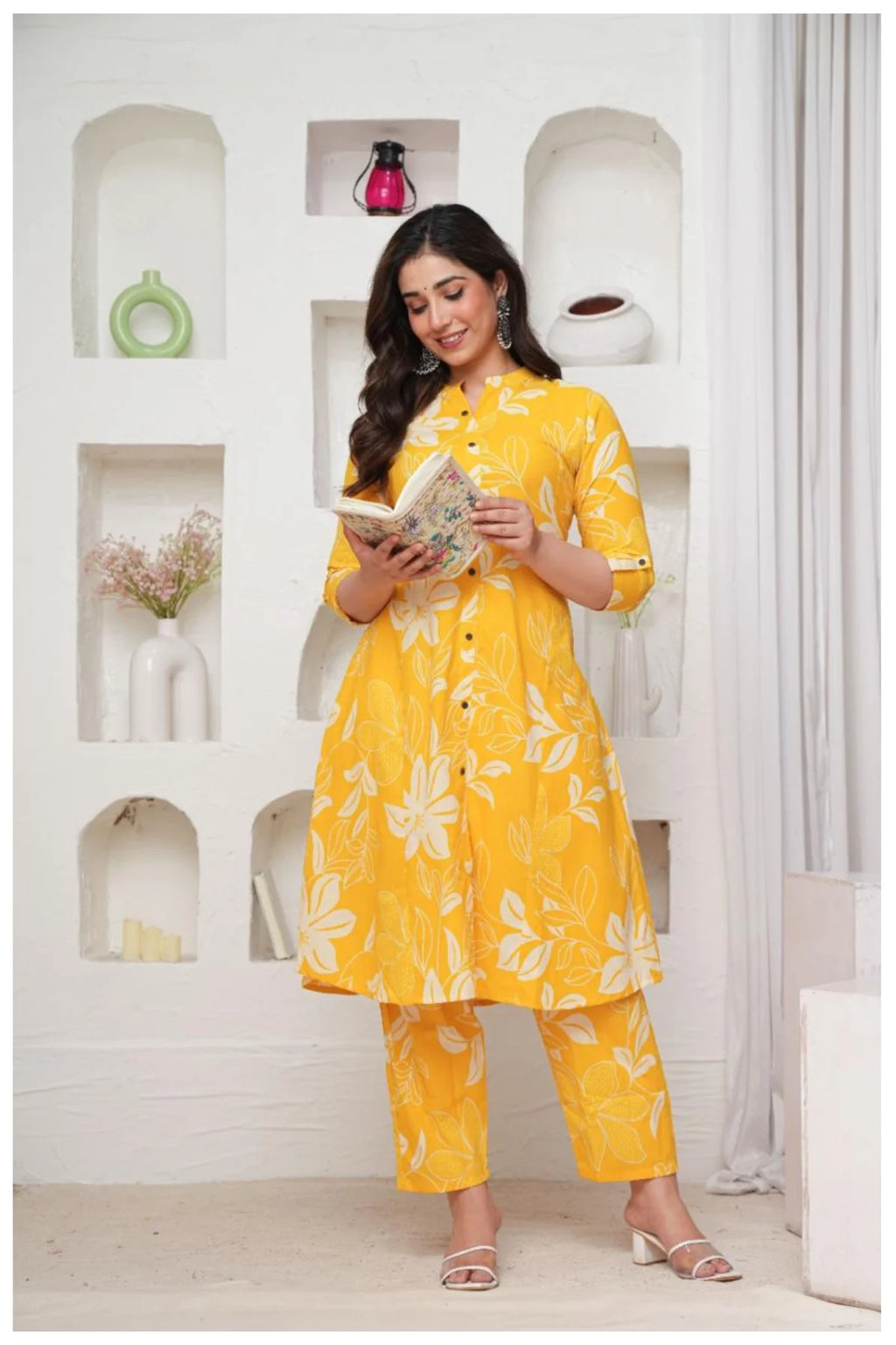 Mustard Yellow Cotton Kurta Pant Co-Ord Set with Floral Appliqué