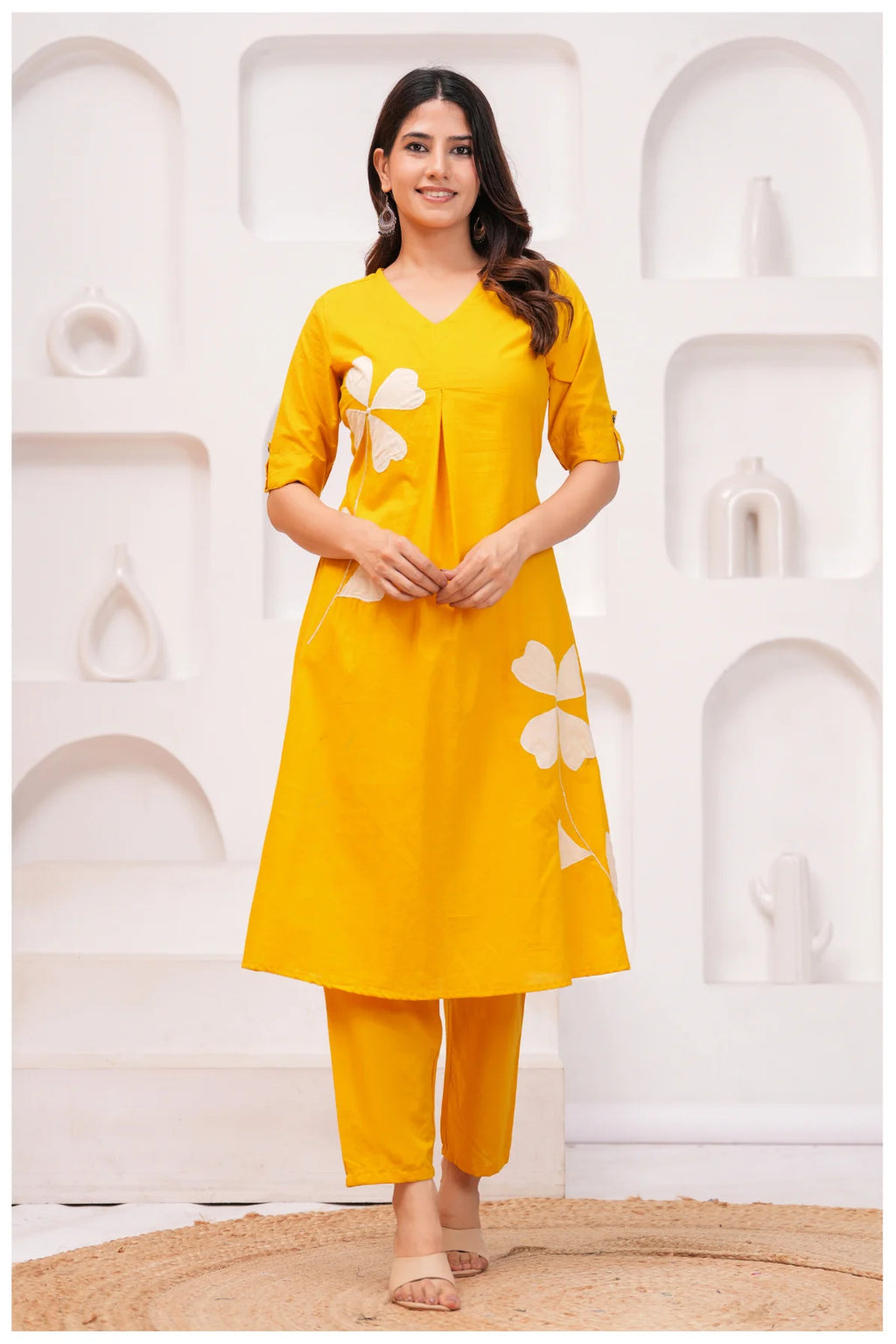 Mustard Yellow Cotton Kurta Pant Co-Ord Set with Floral Appliqué