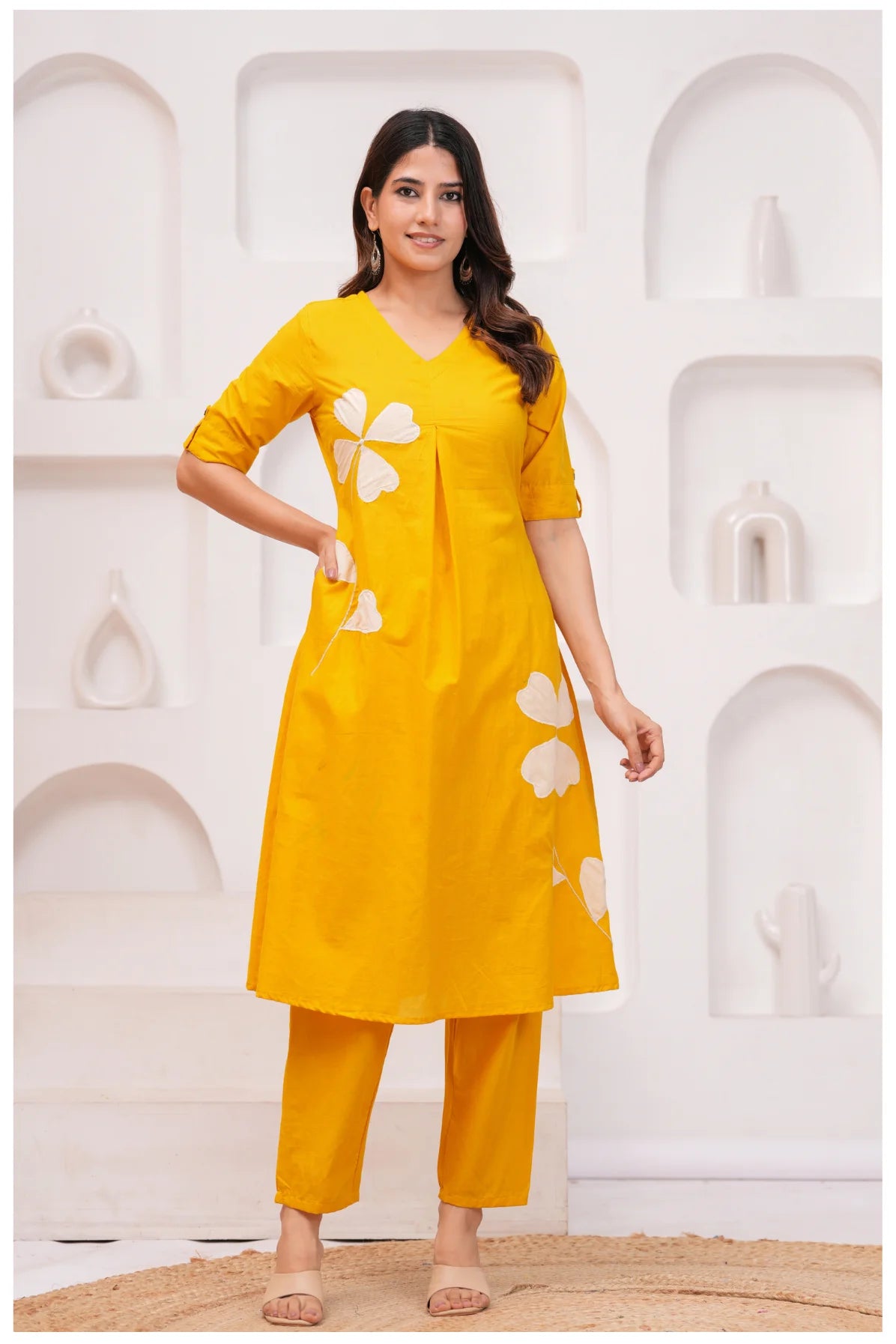 Solid mustard yellow kurti with subtle handcrafted detailing