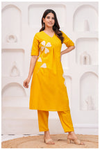 Mustard Yellow Cotton Kurta Pant Co-Ord Set with Floral Appliqué