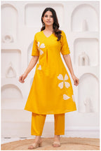 Mustard Yellow Cotton Kurta Pant Co-Ord Set with Floral Appliqué