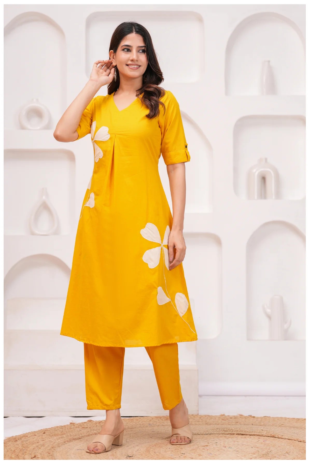 Mustard Yellow Cotton Kurta Pant Co-Ord Set with Floral Appliqué