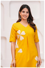 Mustard Yellow Cotton Kurta Pant Co-Ord Set with Floral Appliqué