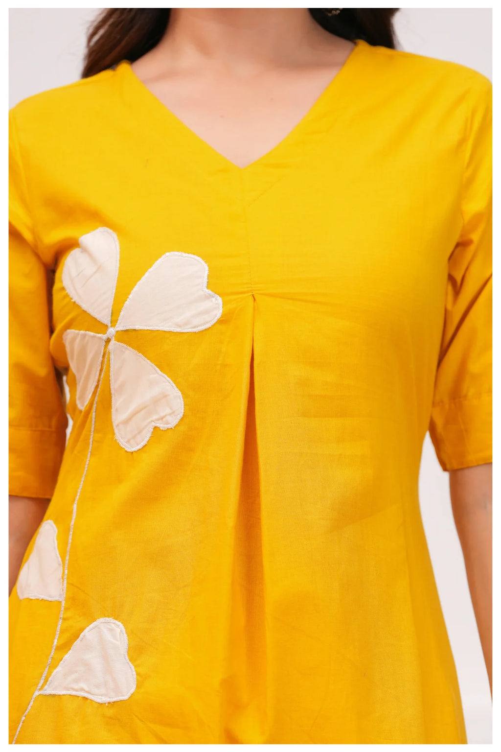 Mustard Yellow Cotton Kurta Pant Co-Ord Set with Floral Appliqué