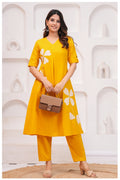 Mustard Yellow Cotton Kurta Pant Co-Ord Set with Floral Appliqué