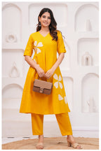 Mustard Yellow Cotton Kurta Pant Co-Ord Set with Floral Appliqué