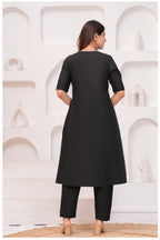 Black Cotton Kurta Pant Co-Ord Set with White Floral Appliqué