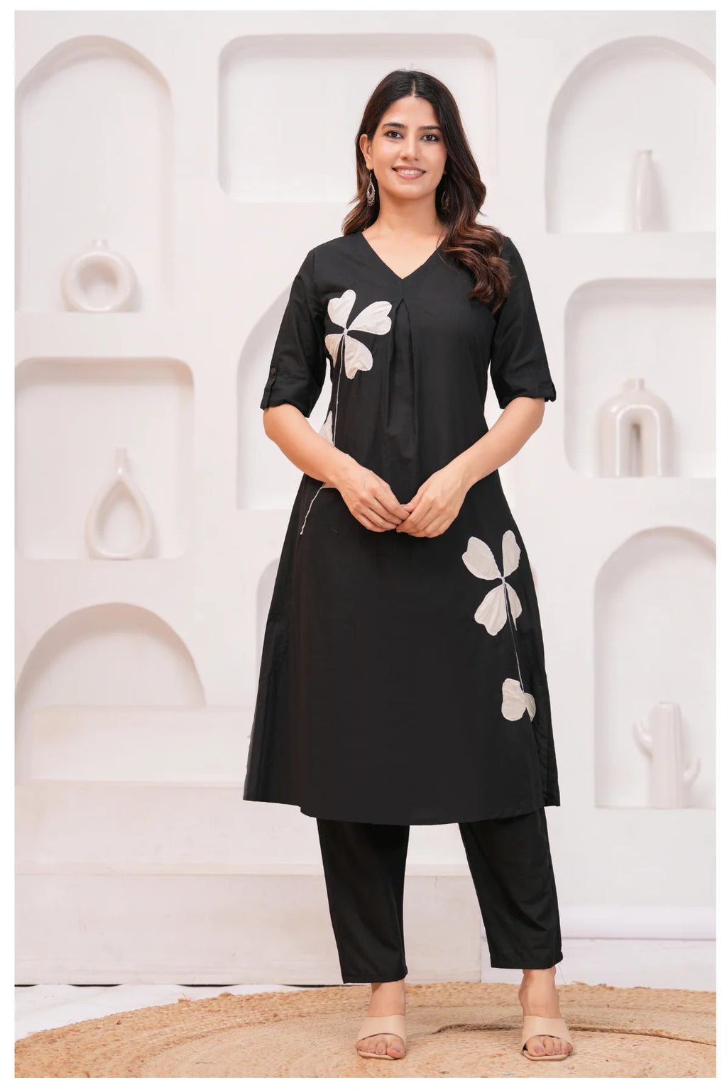 Black Cotton Kurta Pant Co-Ord Set with White Floral Appliqué