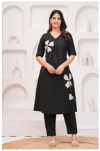 Black Cotton Kurta Pant Co-Ord Set with White Floral Appliqué