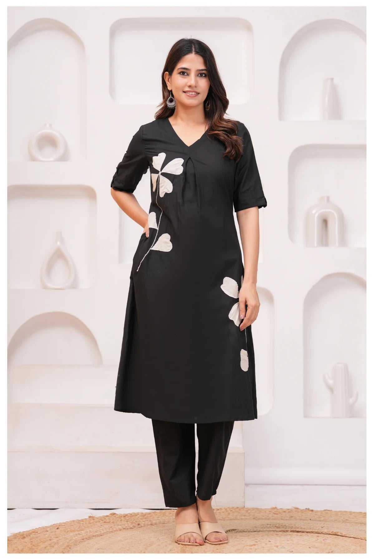 Black Cotton Kurta Pant Co-Ord Set with White Floral Appliqué