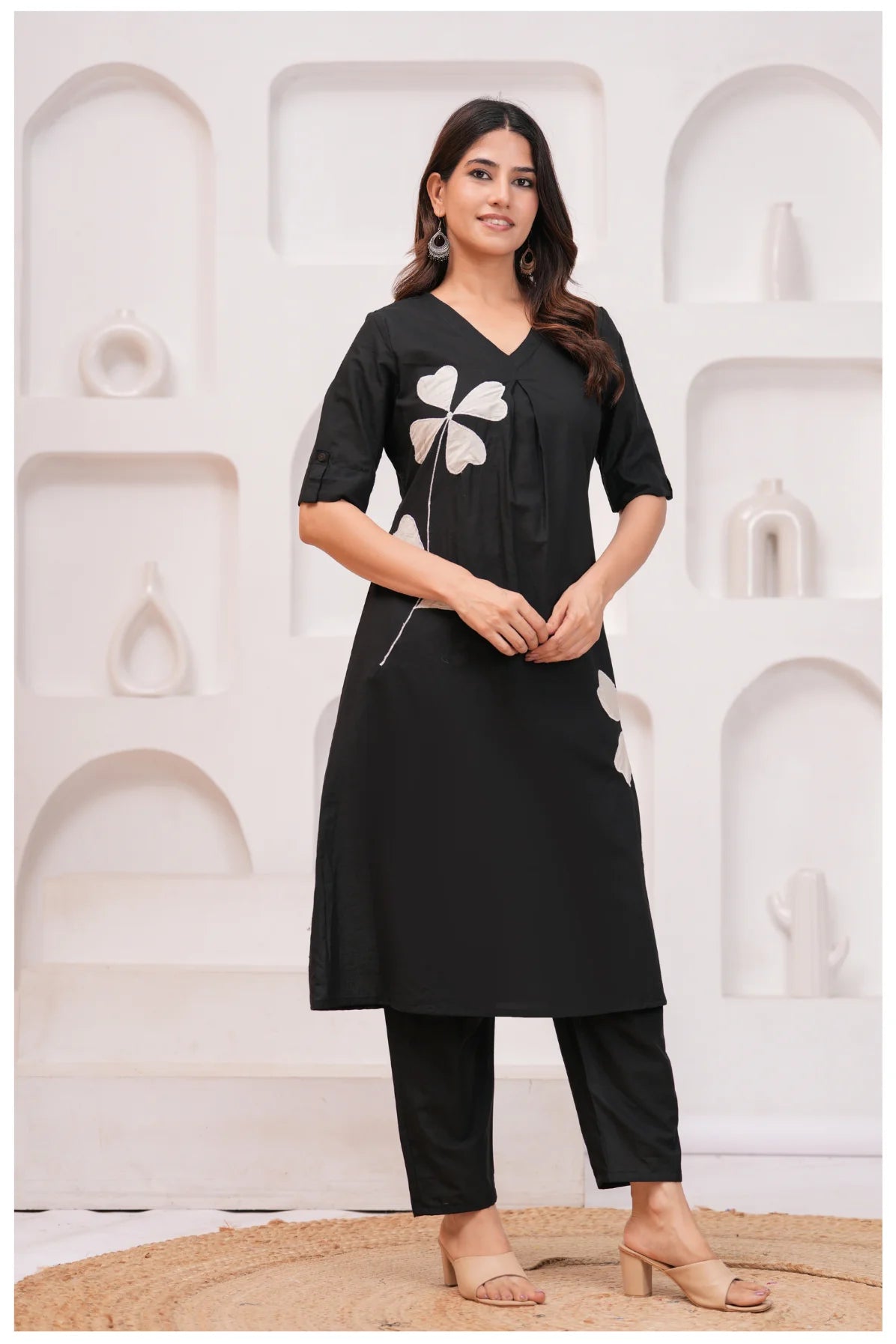 Black Cotton Kurta Pant Co-Ord Set with White Floral Appliqué