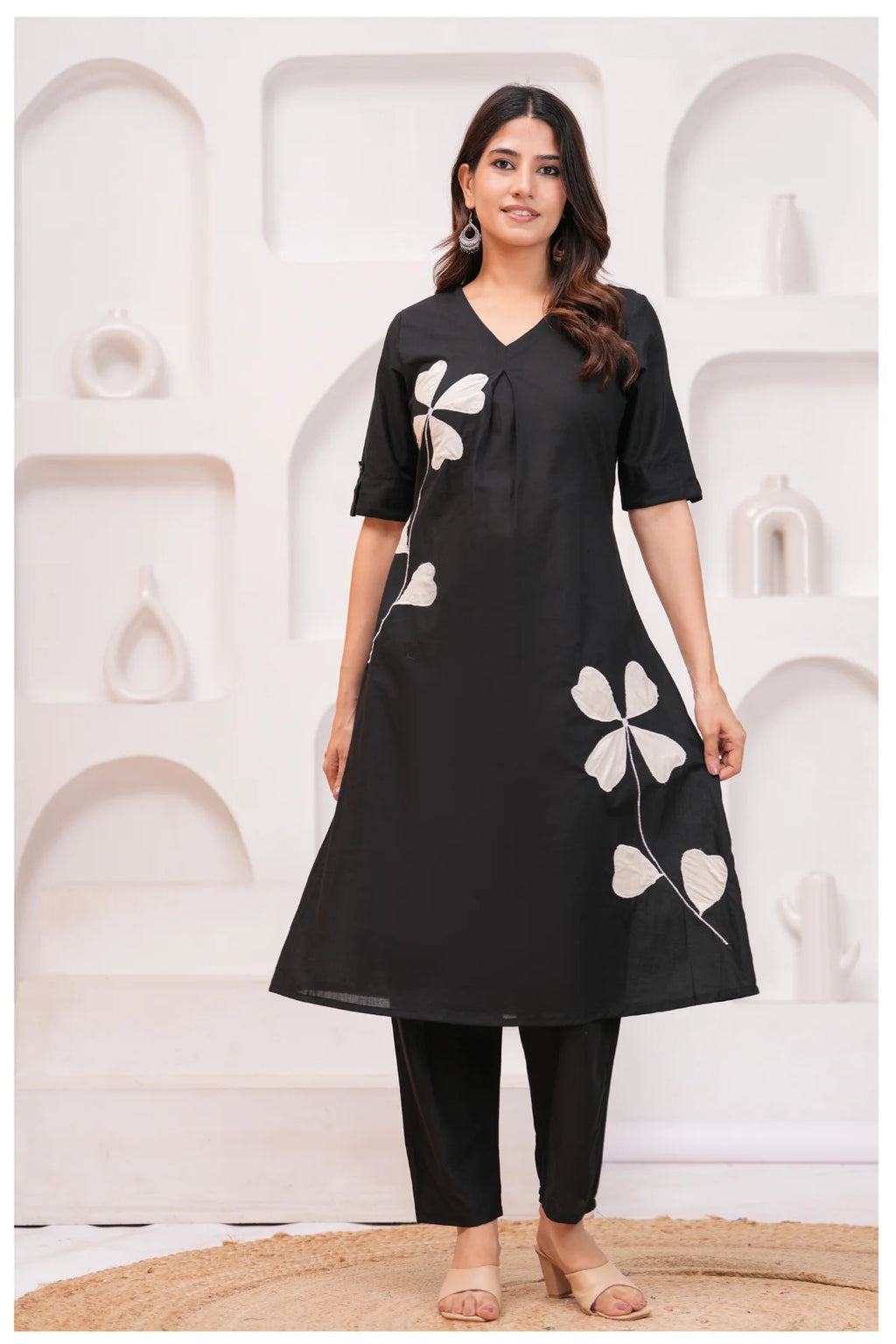 Black Cotton Kurta Pant Co-Ord Set with White Floral Appliqué
