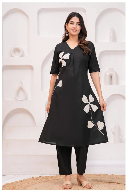 Black Cotton Kurta Pant Co-Ord Set with White Floral Appliqué