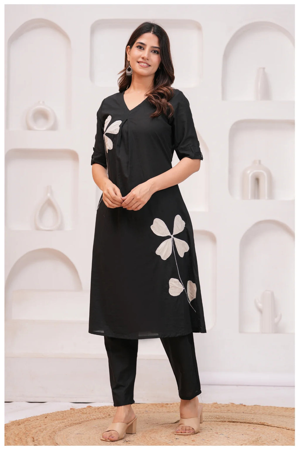Black Cotton Kurta Pant Co-Ord Set with White Floral Appliqué