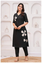 Black Cotton Kurta Pant Co-Ord Set with White Floral Appliqué