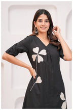 Black Cotton Kurta Pant Co-Ord Set with White Floral Appliqué