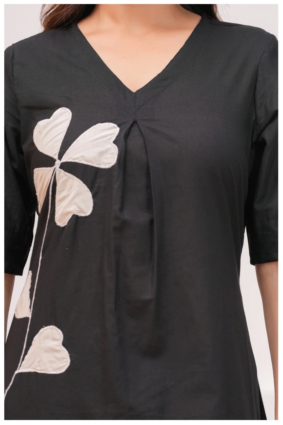 Black Cotton Kurta Pant Co-Ord Set with White Floral Appliqué