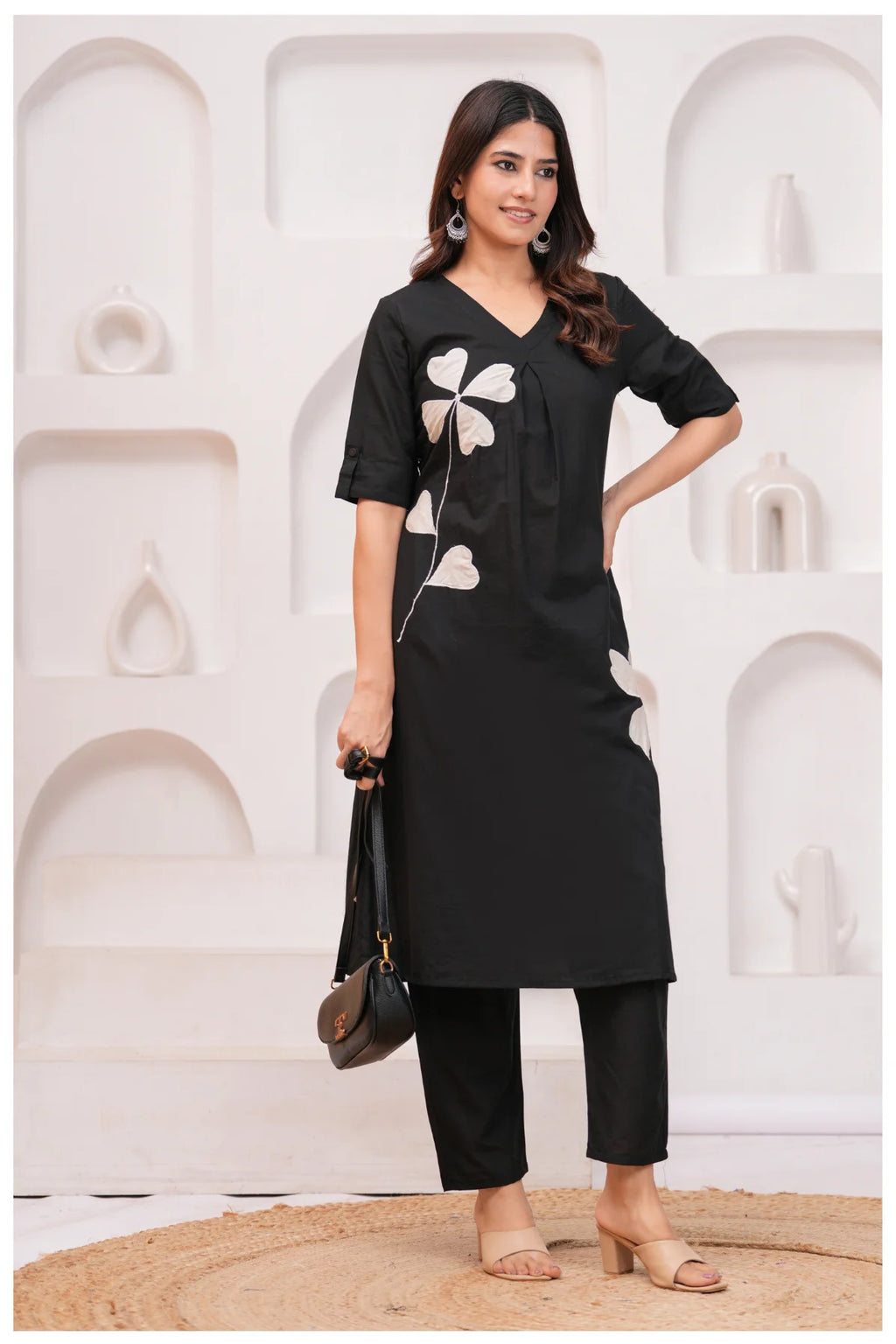 Black Cotton Kurta Pant Co-Ord Set with White Floral Appliqué
