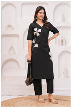 Black Cotton Kurta Pant Co-Ord Set with White Floral Appliqué