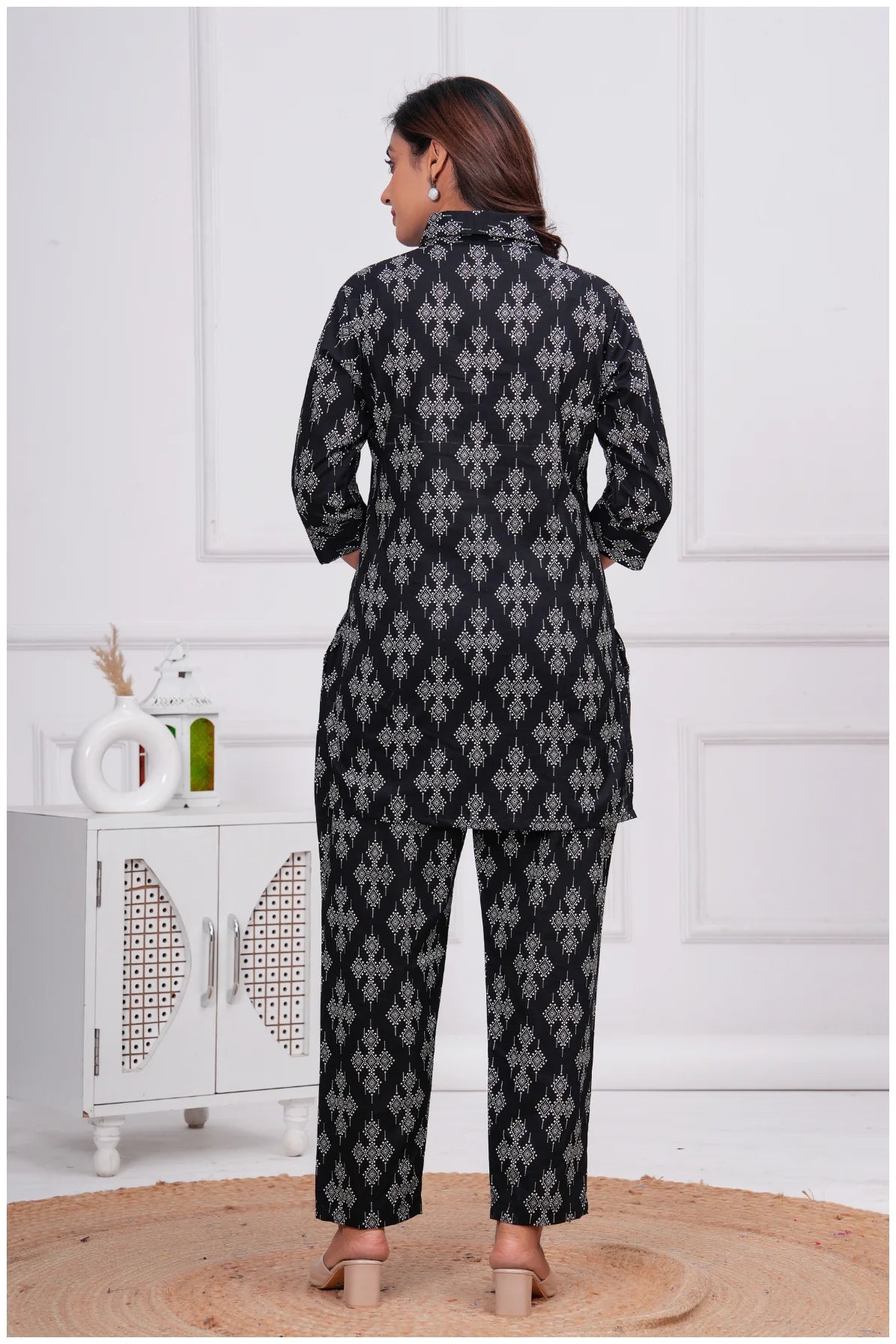 Women’s Ethnic Printed Cord Set | Shirt Style Top & Pant Co-Ord Set (Black)