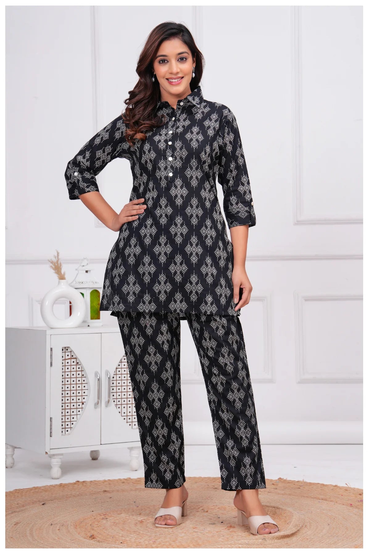 Women’s Ethnic Printed Cord Set | Shirt Style Top & Pant Co-Ord Set (Black)