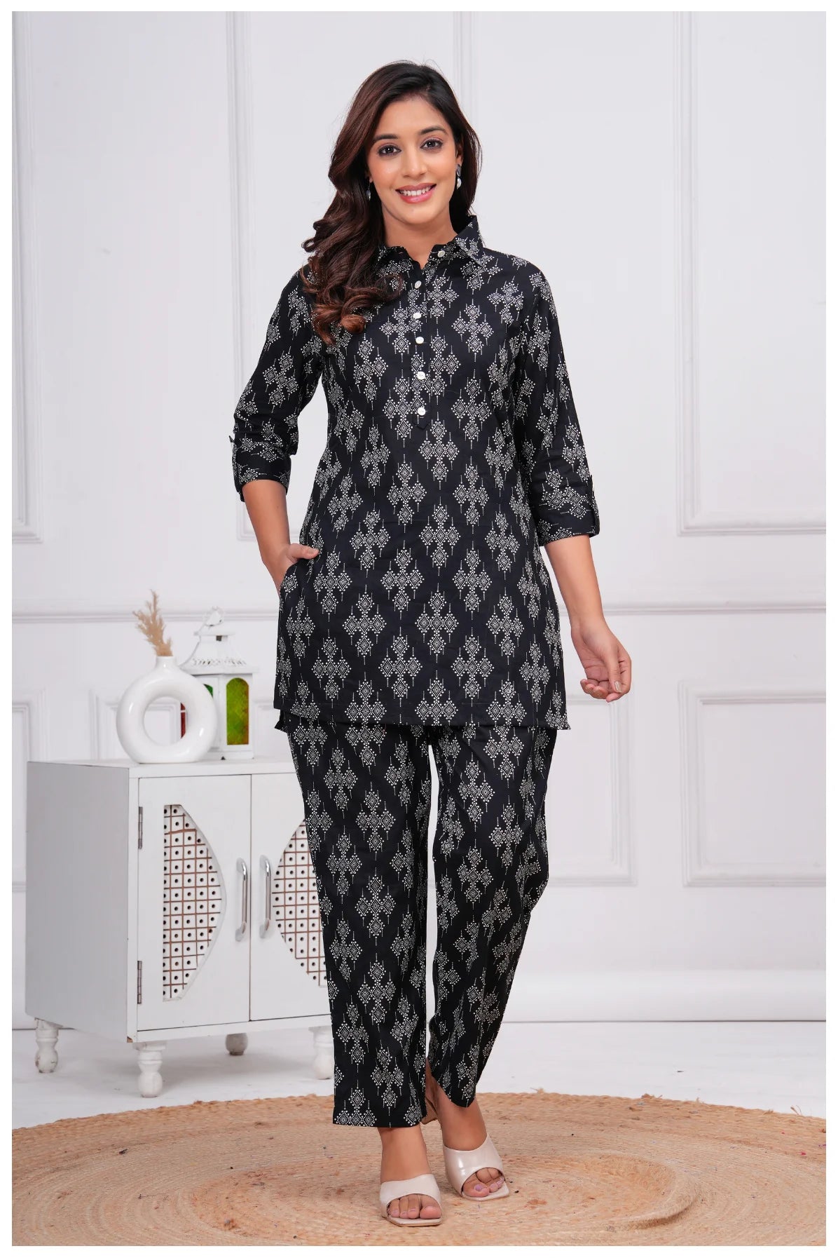 Women’s Ethnic Printed Cord Set | Shirt Style Top & Pant Co-Ord Set (Black)