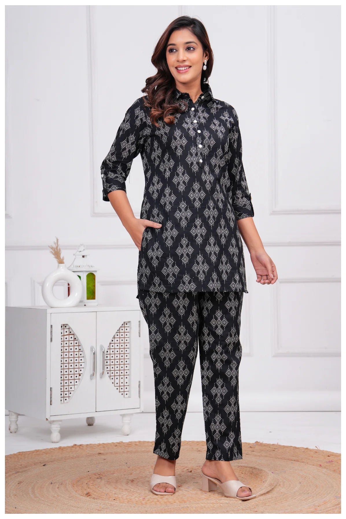 Women’s Ethnic Printed Cord Set | Shirt Style Top & Pant Co-Ord Set (Black)