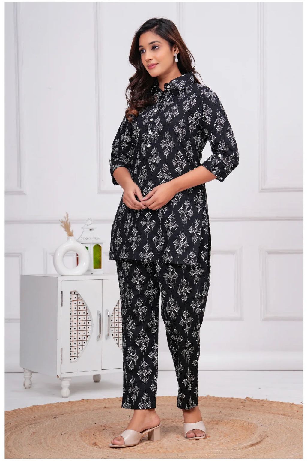 Women’s Ethnic Printed Cord Set | Shirt Style Top & Pant Co-Ord Set (Black)