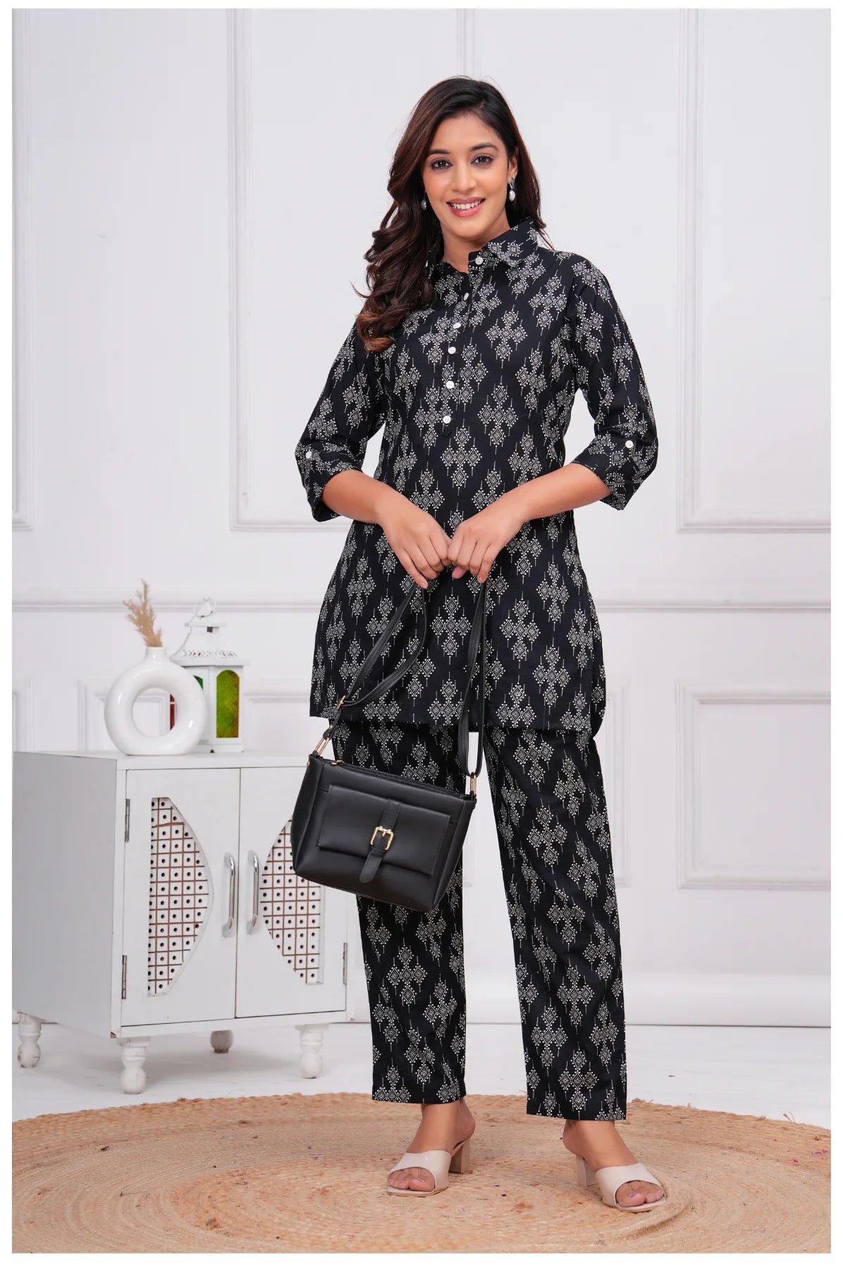 Women’s Ethnic Printed Cord Set | Shirt Style Top & Pant Co-Ord Set (Black)