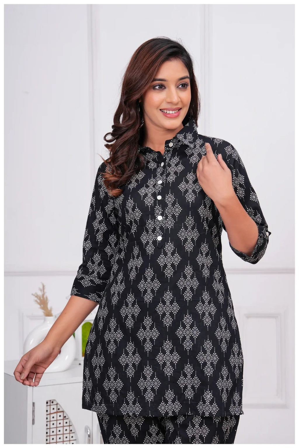 Women’s Ethnic Printed Cord Set | Shirt Style Top & Pant Co-Ord Set (Black)