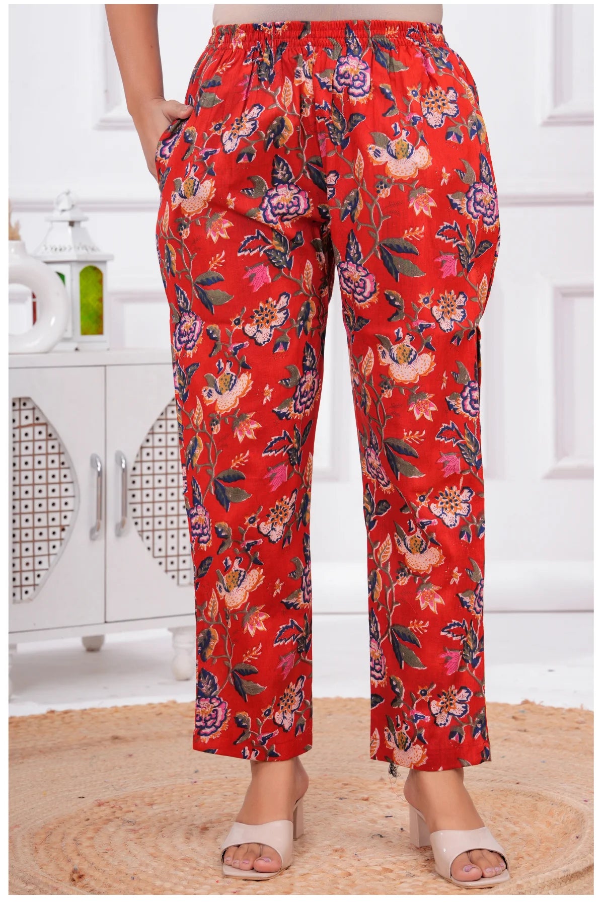 Women’s Floral Printed Cord Set | Shirt Style Top & Pant Set (Red)