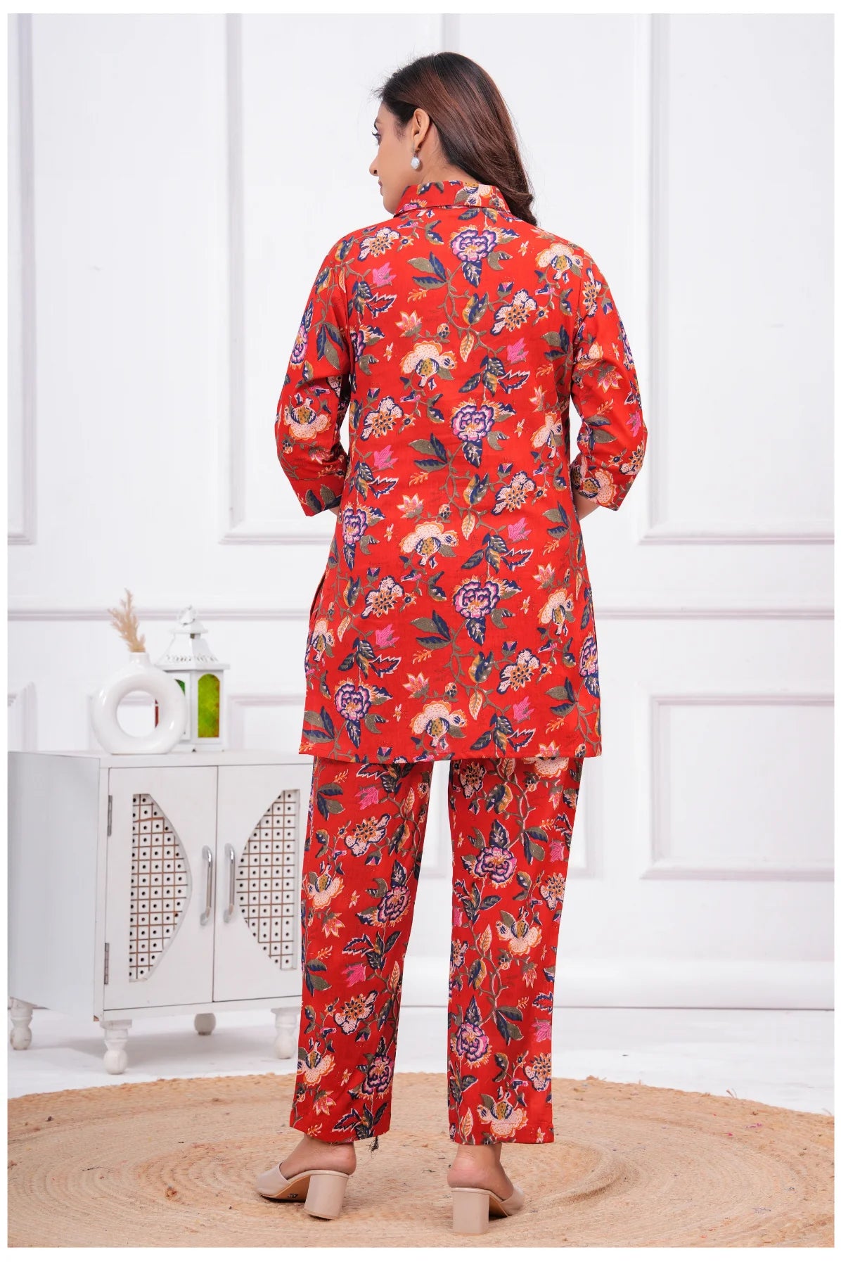 Women’s Floral Printed Cord Set | Shirt Style Top & Pant Set (Red)