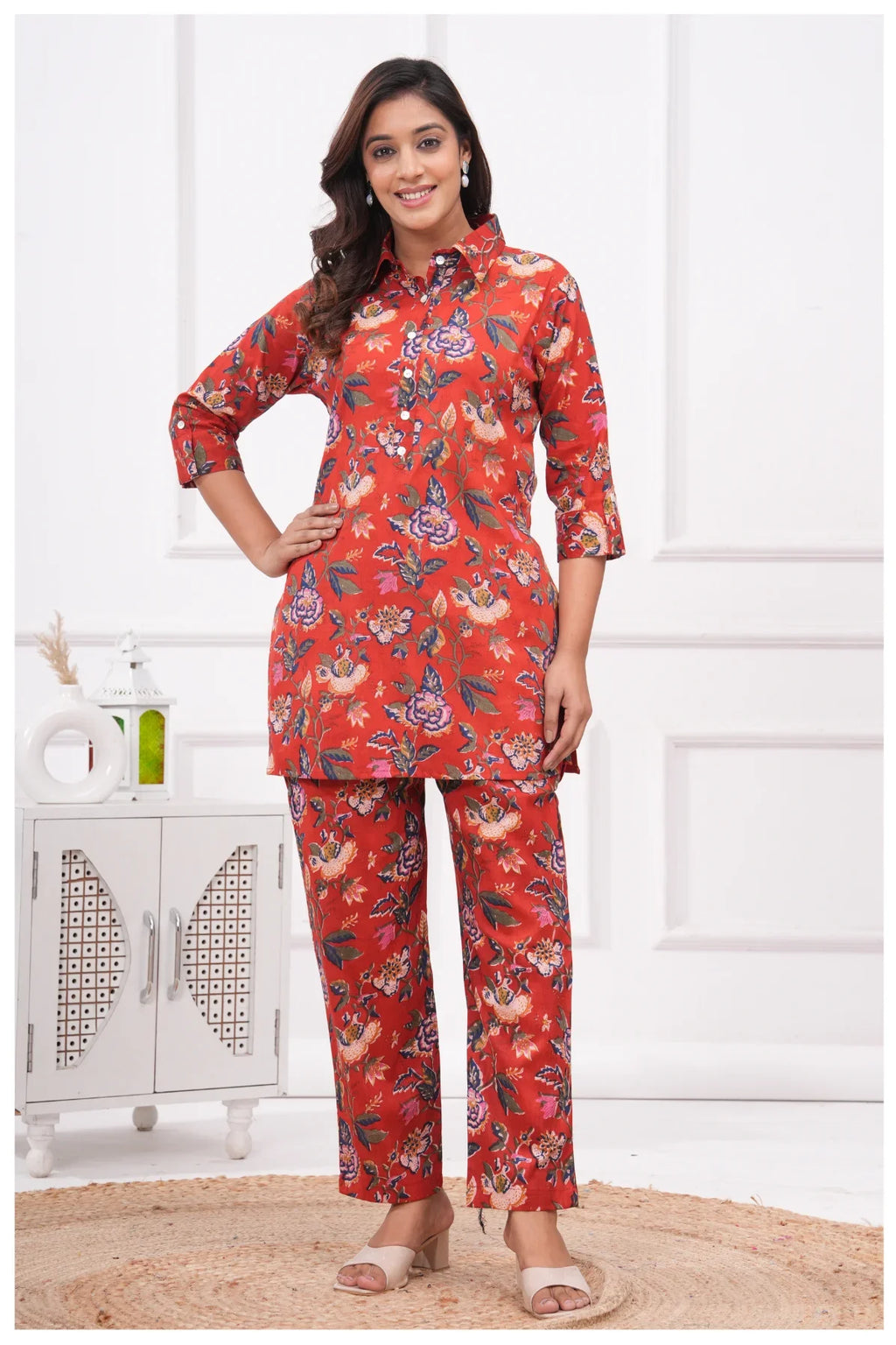 Women’s Floral Printed Cord Set | Shirt Style Top & Pant Set (Red)