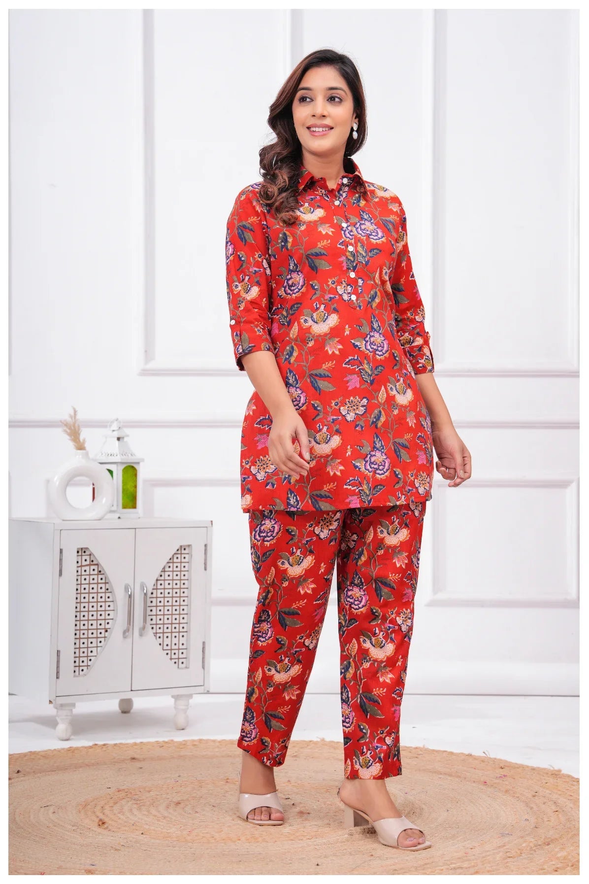 Women’s Floral Printed Cord Set | Shirt Style Top & Pant Set (Red)