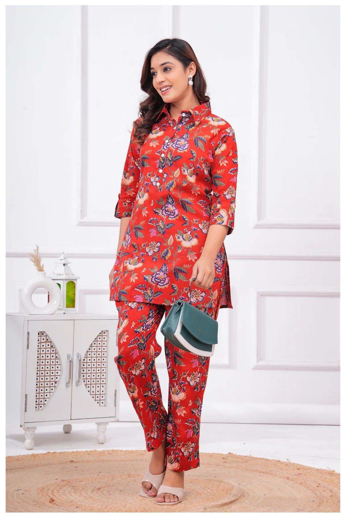 Women’s Floral Printed Cord Set | Shirt Style Top & Pant Set (Red)